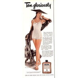 1952 Skol Suntan Lotion Vintage Print Ad Woman White Swimsuit Asian Hat Wall Art